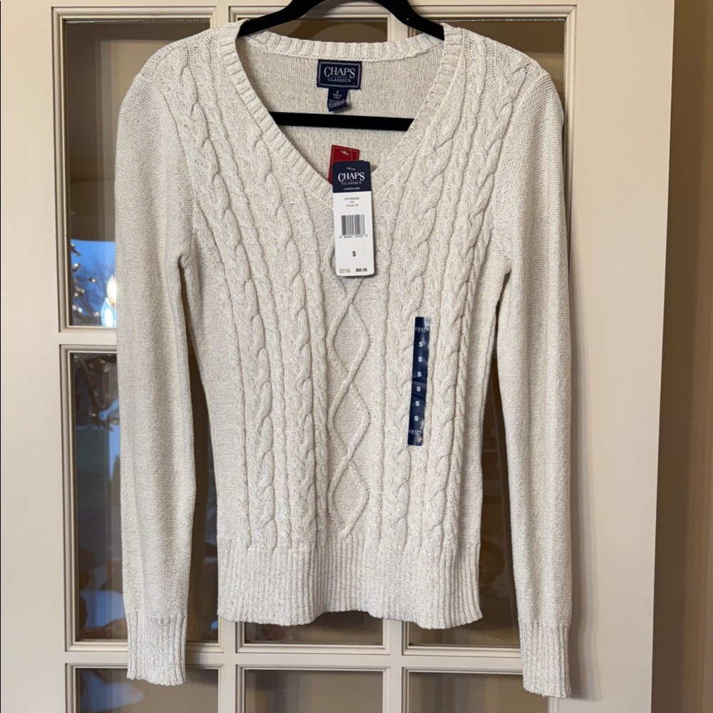 NWT Chaps Women's Cream Cable Knit Sweater with Gold size S
